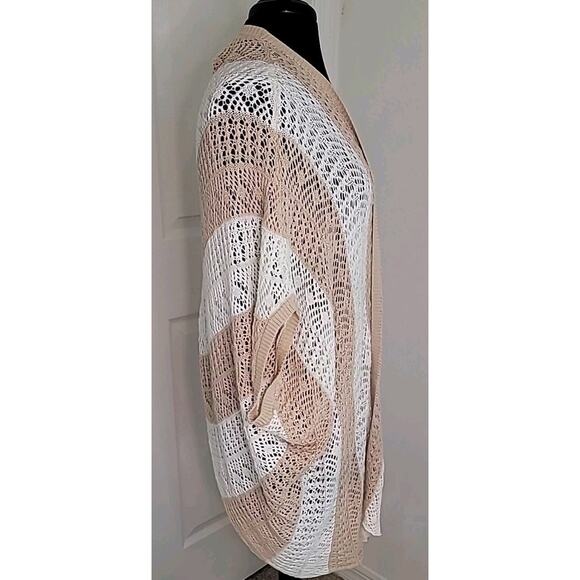 Romantic Boho Crochet Cardigan Poncho – Tan & White Stripe – Size Large - Picture 2 of 8